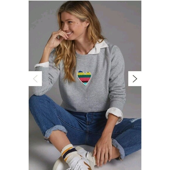 Anthropologie KERRI ROSENTHAL Heart Sweatshirt Womens L Rainbow Cotton Crewneck - Picture 1 of 11
